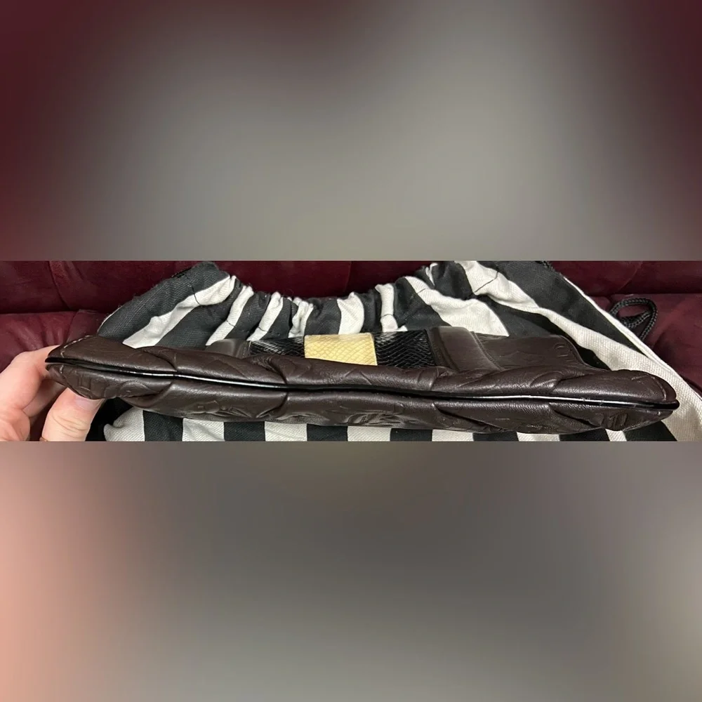 L.A.M.B. Dorset Chocolate Brown Leather Clutch with Faux Snakeskin